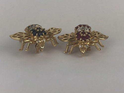 Vintage 14k Blue/Red Sapphire And Diamond Pair Of (2) Fly Pin / Brooch