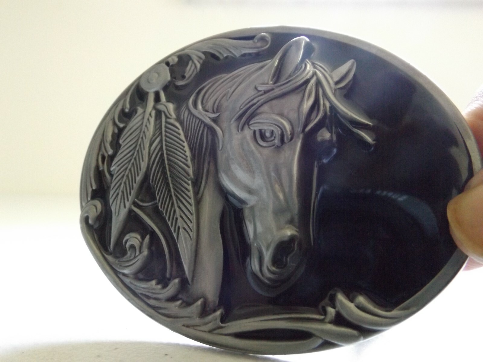 Western Horse Feathers, Black Enamel, Oval Shape, Pewter Tone, Belt Buckle, NEW