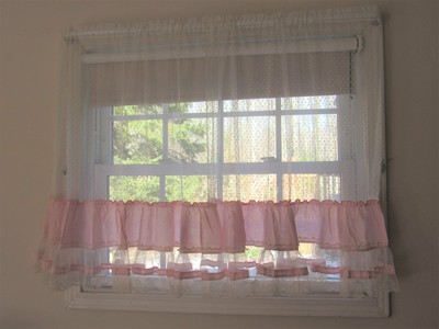 Shabby Vintage Victorian Pink Rose Ruffle Flocked Dot Curtains Pair Panels