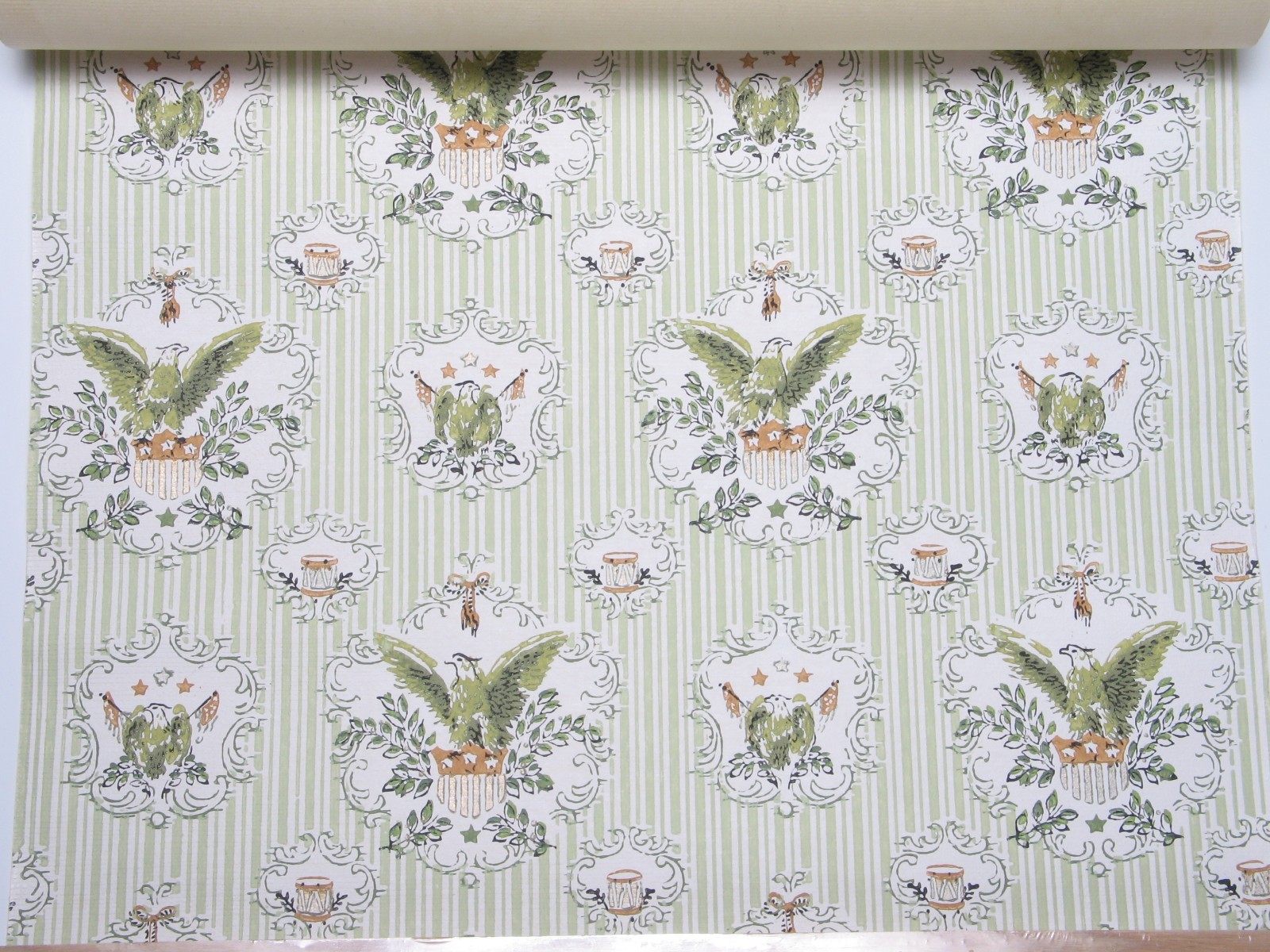 1940s Wallpaper Patriotic vtg USA Eagles Striped seafoam green gold 2 rolls rare