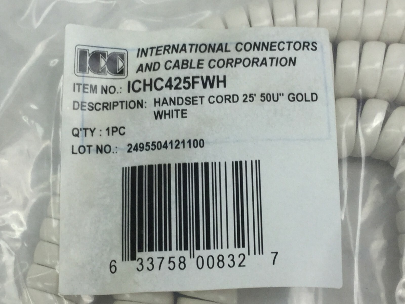 ICC  Coiled Telephone Handset Cord 25'  50U  Gold White  ICHC425FWH   Lot of 9