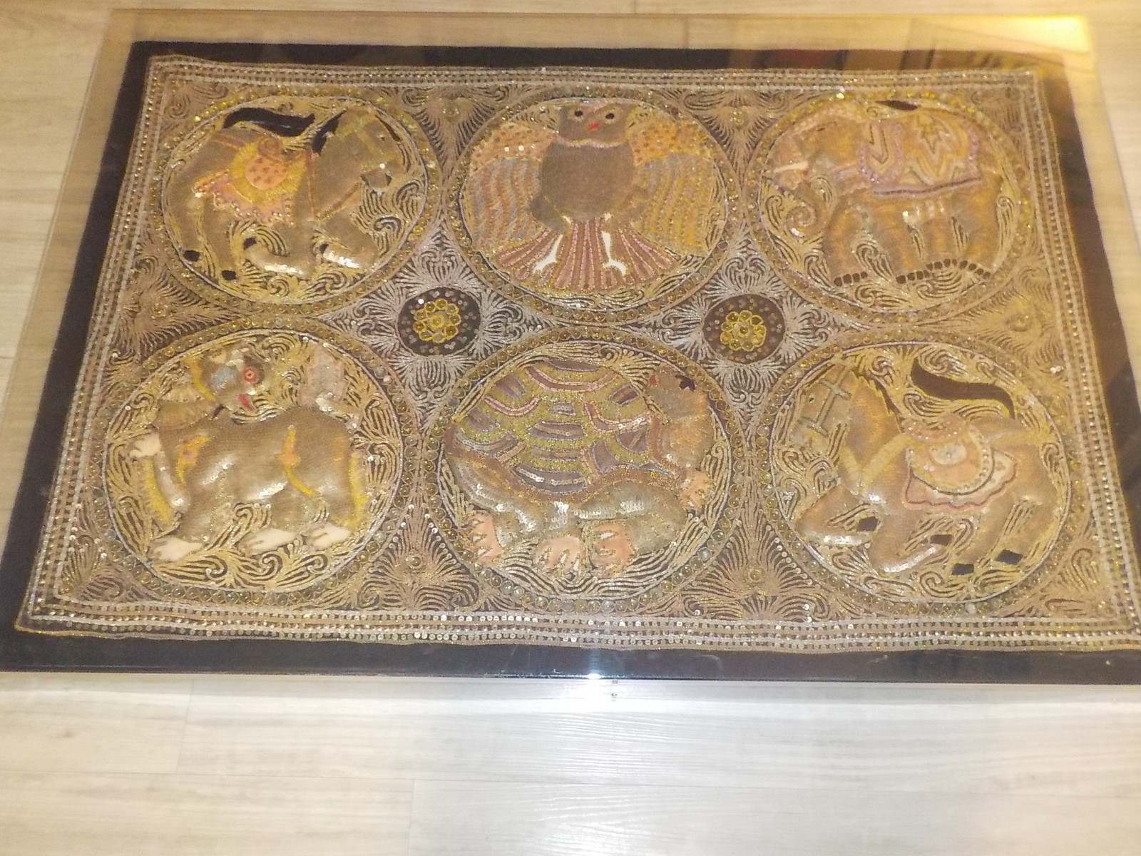 Large Antique Burmese Kalaga Gold Thread Tapestry of  c.1890-1910, Beautiful!