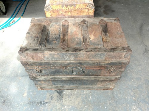 Vintage Polish Or Russian Wood And Tin Steamer Trunk