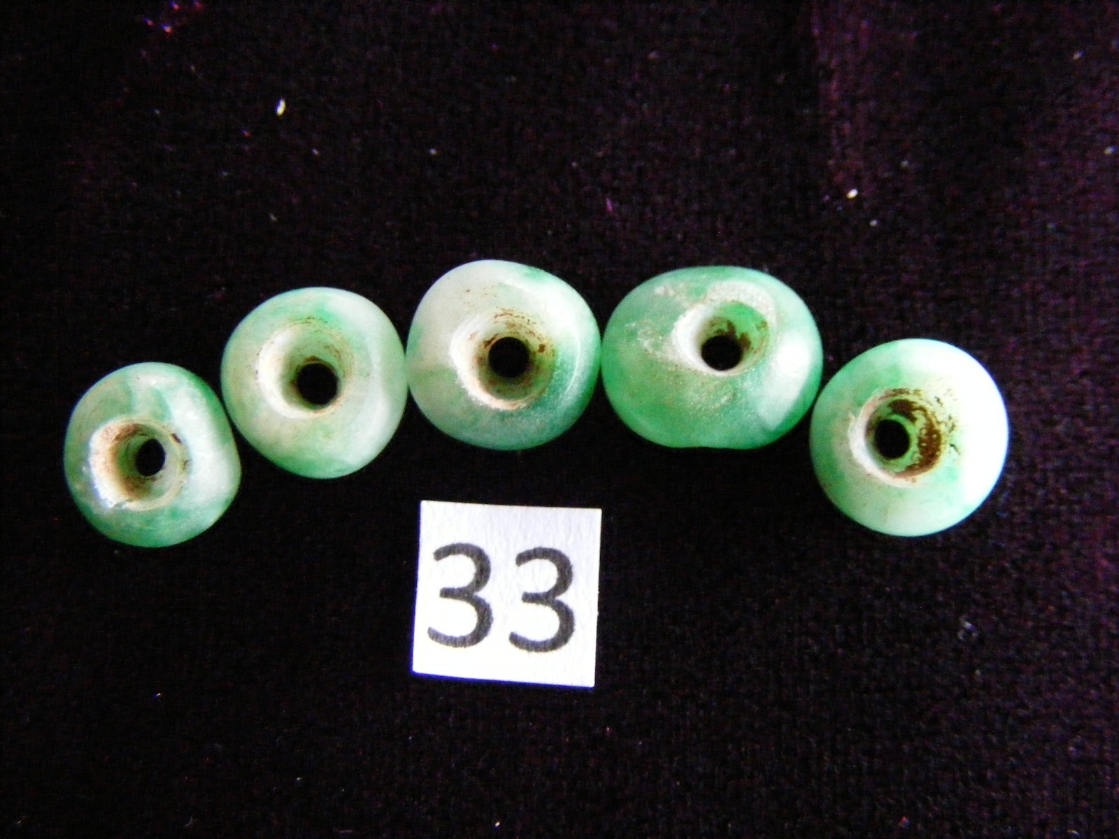 5 Pre Columbian Natural Green Jade Mayan Hand Carved Round Beads(B33)