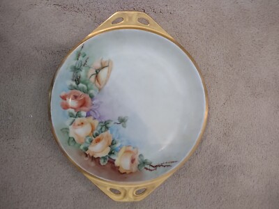 R S Tillowitz Plate 9.5  Vintage Germany Rose Floral Cake Server Gold Trim Bowl