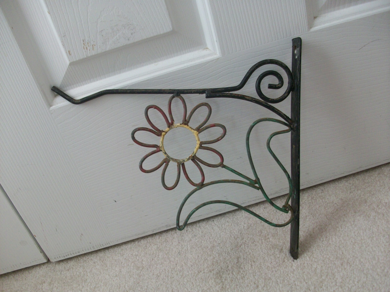 Vtg Hanging Basket Holder Hanger Hook Bracket Plant~Wrought Iron Painted Flower