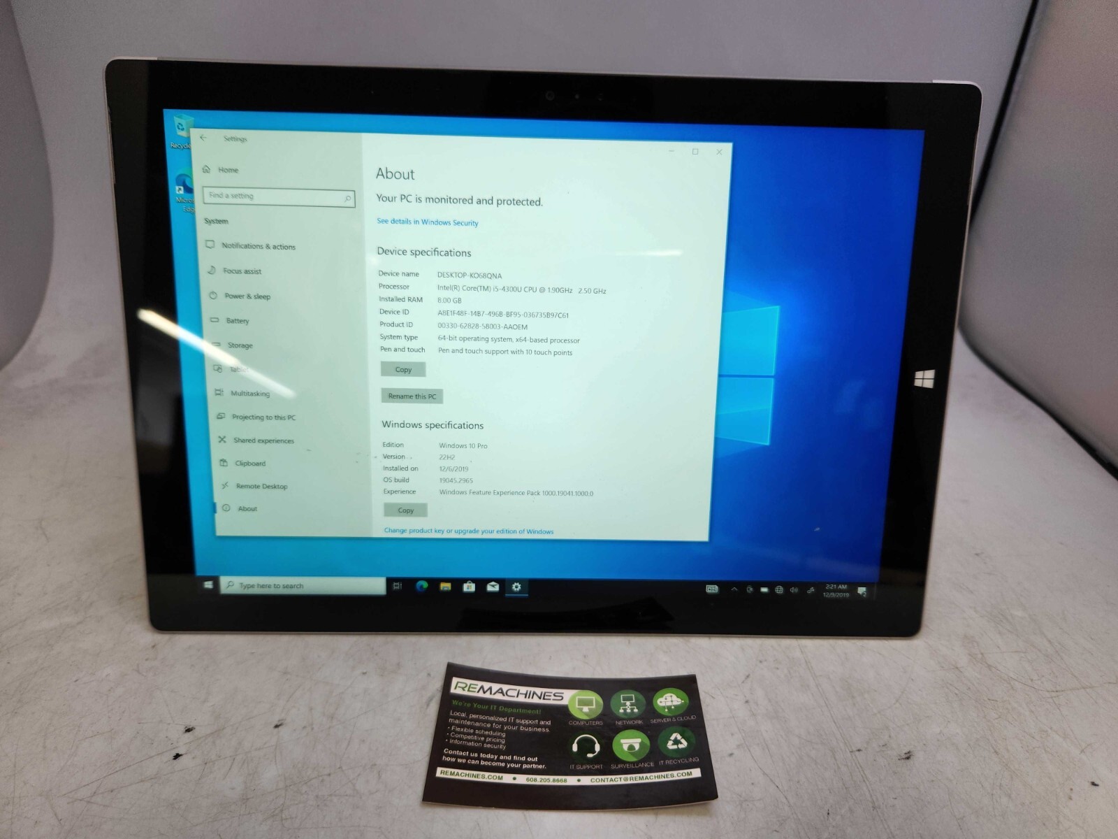 MICROSOFT SURFACE PRO 3 1631 I5-4300U @ 1.90GHz 4GB RAM