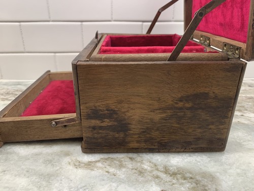 Antique WALNUT  Velvet Lined Collectors Jewelry Wood Box with MAKER'S STAMP