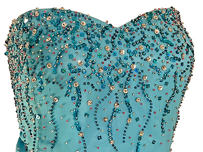 Mystique Aqua Long Formal Crusted with Sequins Beads Strapless Size 16