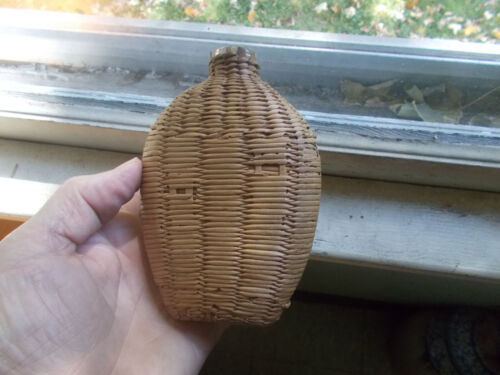 1840s WICKER COVERED POCKET WHISKEY FLASK CLEAR BLOWN GLASS FLASK INSIDE NICE!