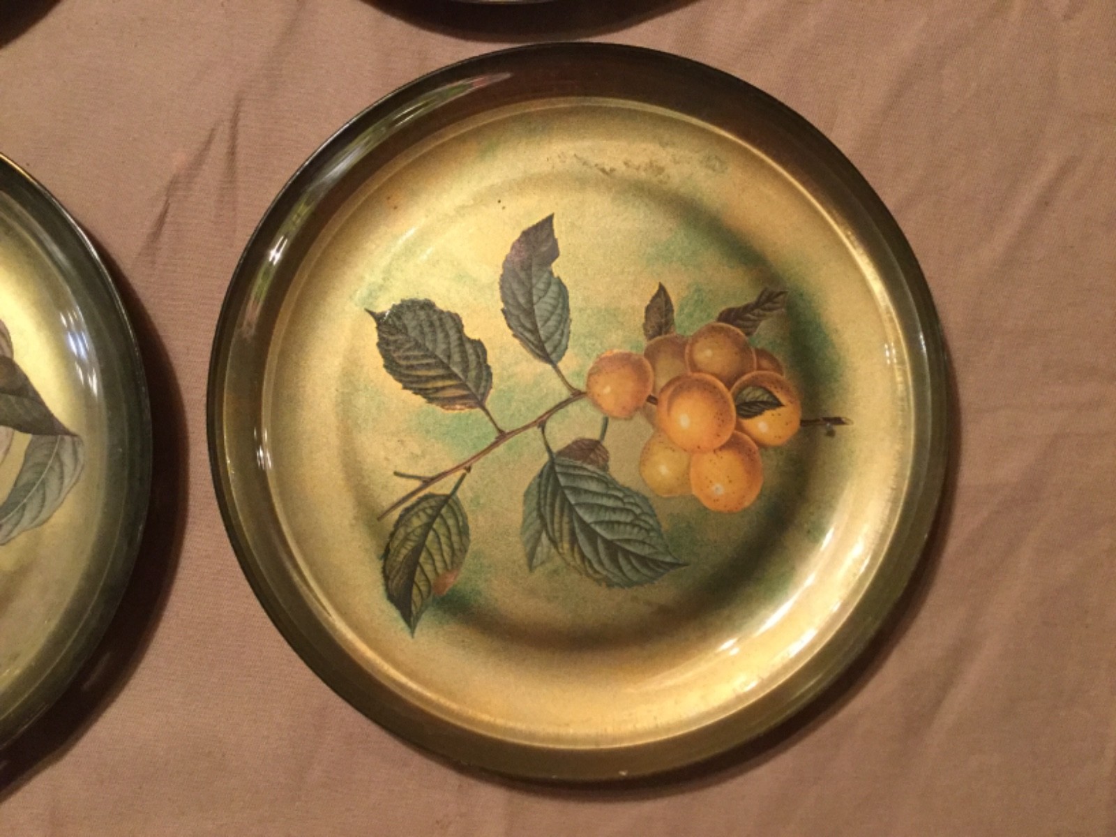 8 Glass Plates with Fruit Applique and Gold Backs M. Halstad
