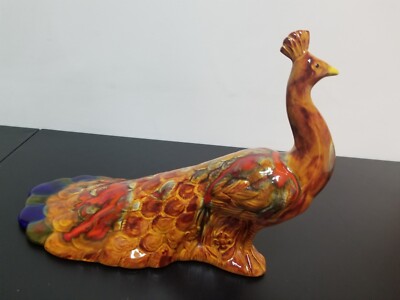 Vintage MCM Hand Painted Glazed Ceramic Peacock 17 x11 Orange Yellow Blue 1968