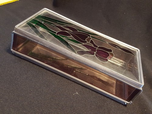 Vintage Stained Glass Etched Trinket Jewelry Box Iris Flower Pattern Bird LOT/4