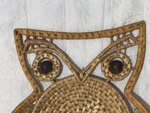 70s Retro VINTAGE Owl Shaped Grass Bowl Keys Wicker Rattan 13 x 8