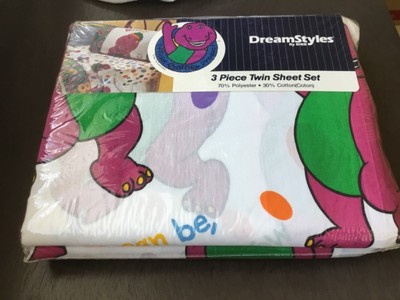 Vintage 1990s  sealed Barney kid toddler Twin sheet set flat fitted pillowcase