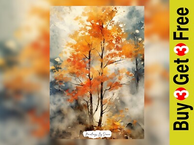 Vibrant Autumn Forest Scene, Watercolor Painting Print 5'' x 7''  on Matte Paper