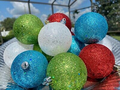 Grinch Ornaments Christmas Green Red Blue White Glitter Balls Tree Decor 12 SET