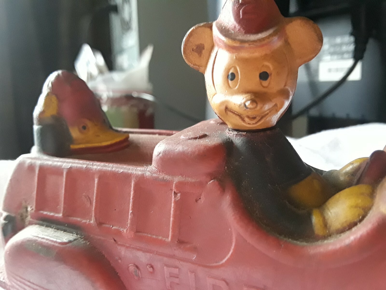Vintage 1930s Sun Rubber Co Mickey Mouse Fire Truck w Porky Pig n Donald Duck