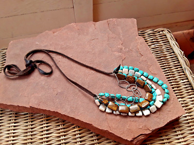Turquoise Labradorite  Mother of Pearl Handcrafted Necklace Signed CLP VNC