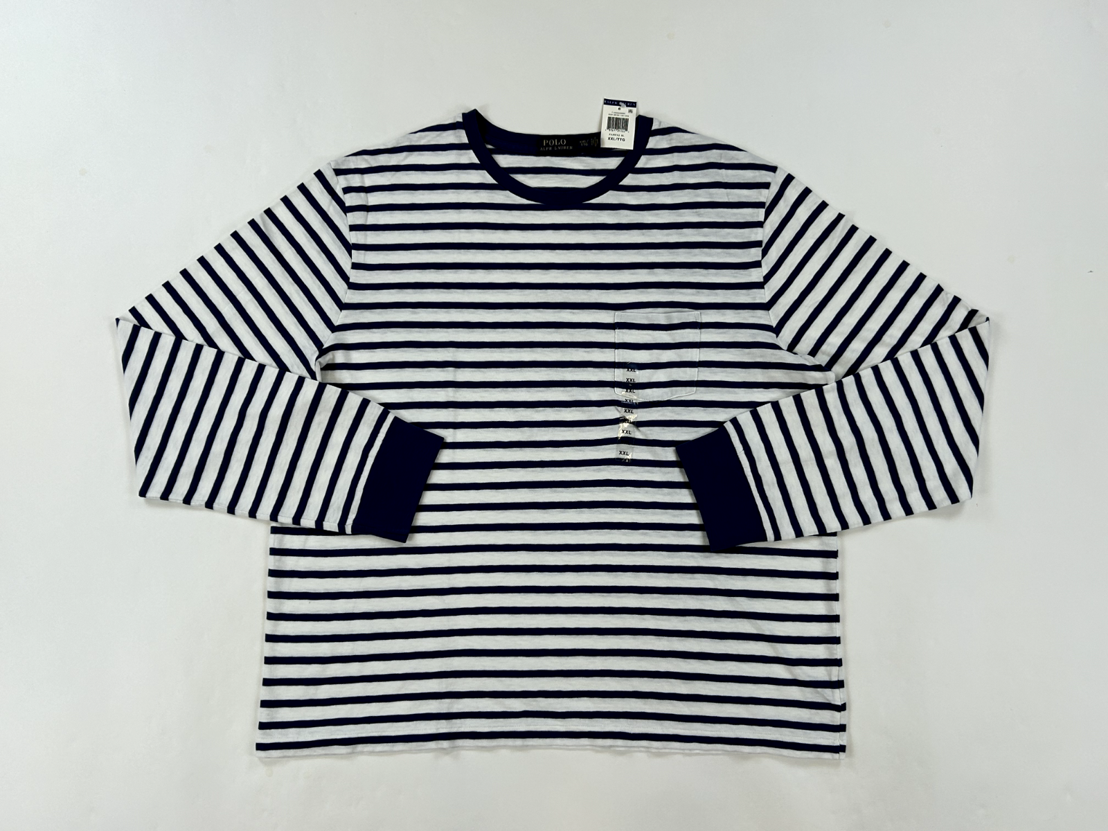 Футболка в полоску Polo Ralph Lauren с длинным рукавом и круглым вырезом горловины и карманом - Темно-синий/Wht - XXL