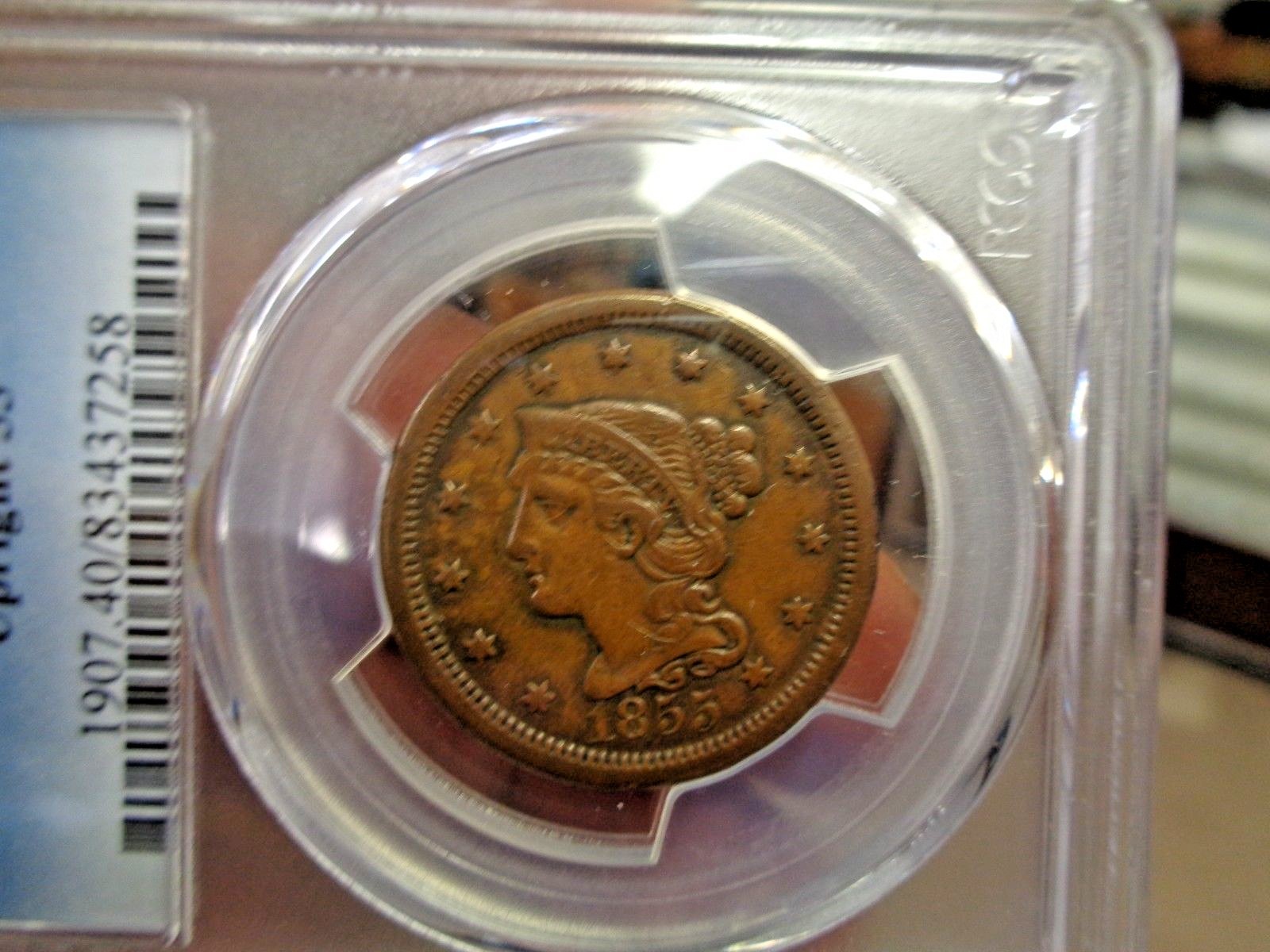 1855 braided hair large cent upright 55 pcgs xf40