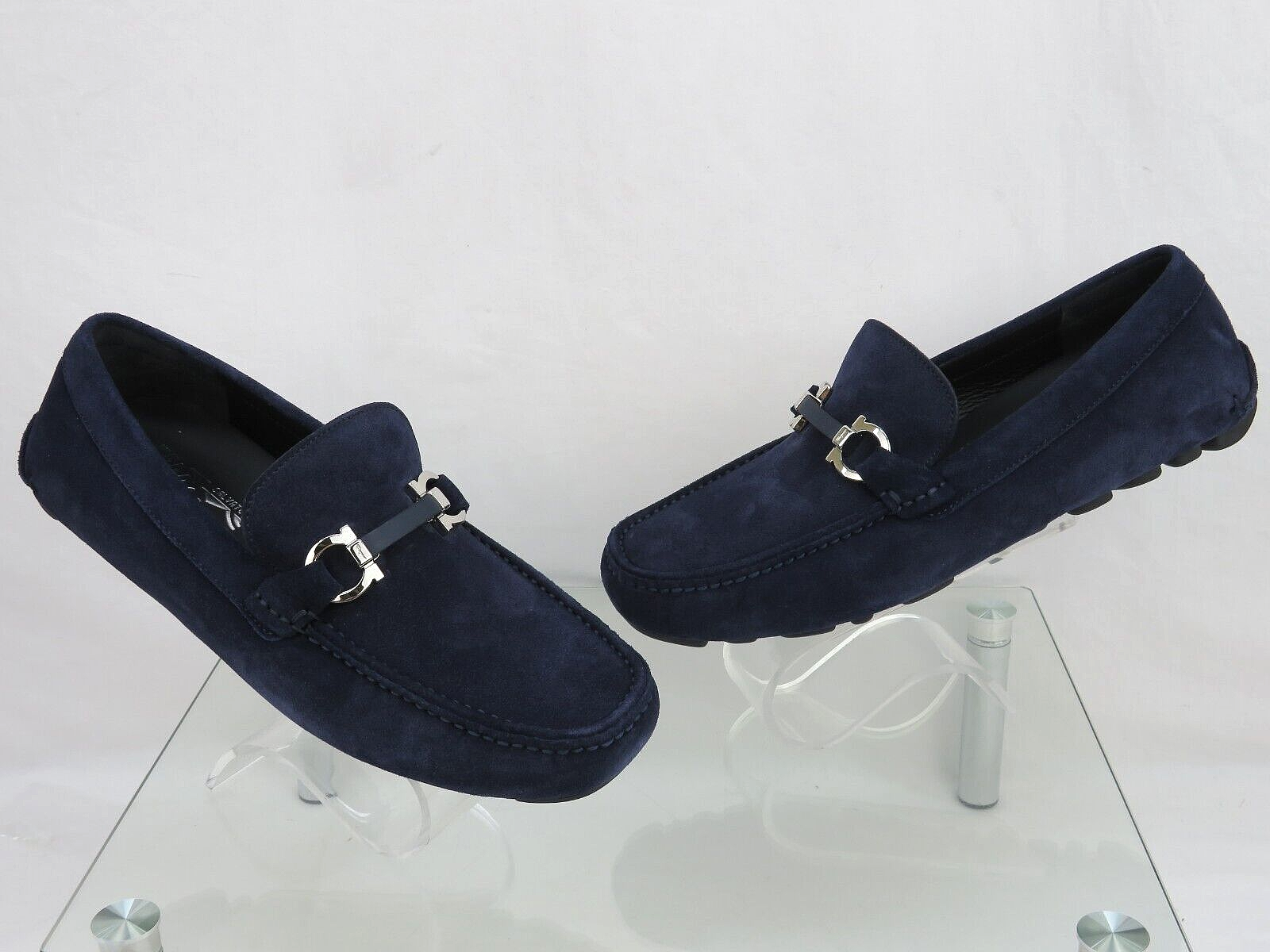 Pre-owned Ferragamo Salamanca Navy Suede Gancini Bit Moccasin Driving Loafers Us 9 Ee In Blue