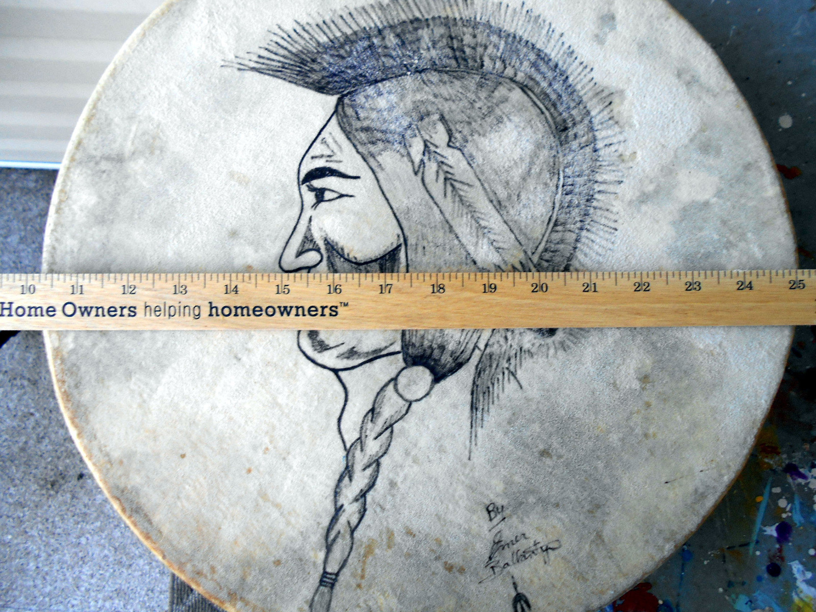 Plains Indian drum Saskatchewan   signed   very nice fine sound . no beater