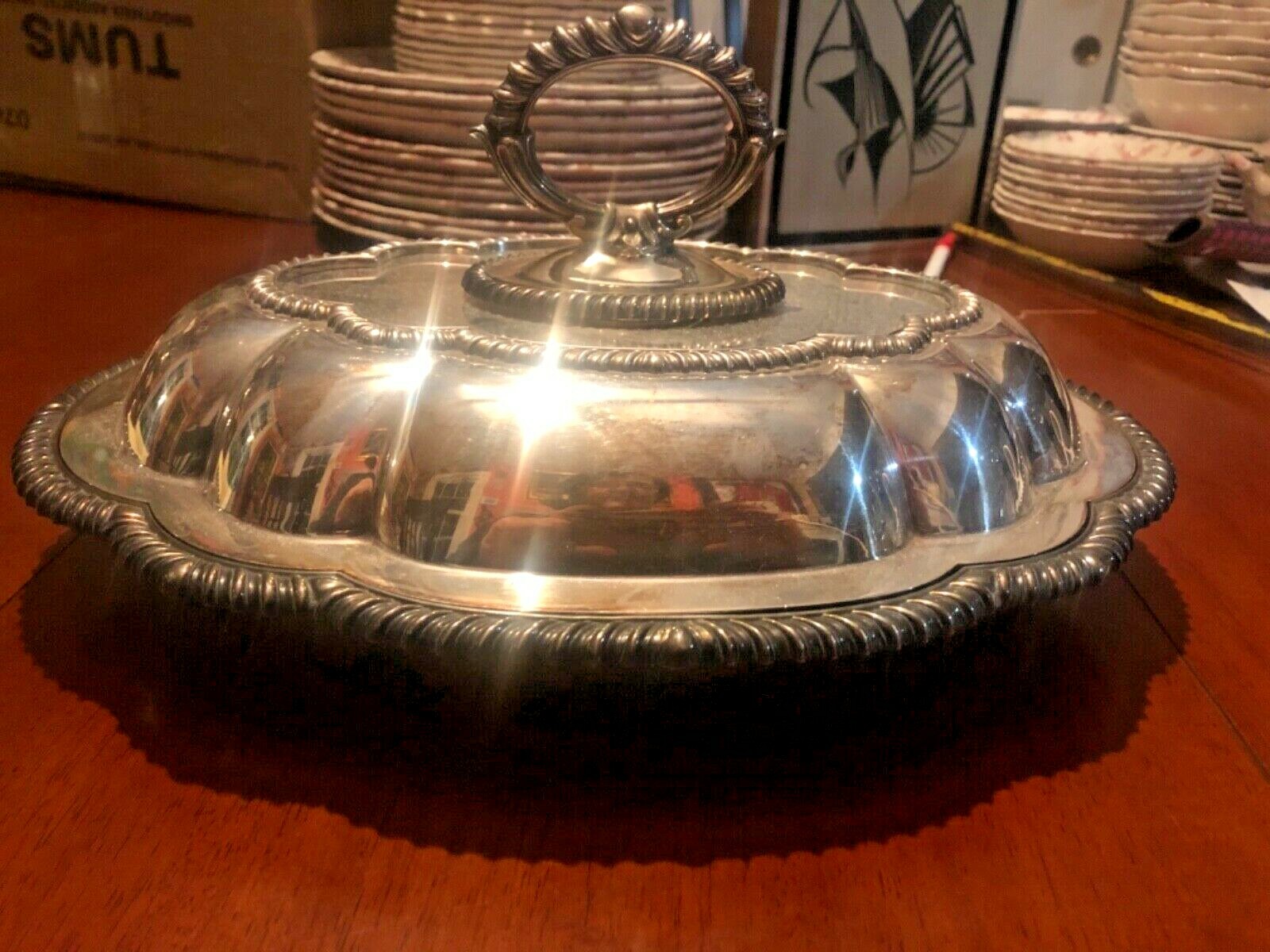 Antique SILVER PLATED Copper SERVING TRAY w/ LID VINTAGE Antique SILVER PLATED Copper SERVING TRAY w/ LID VINTAGE