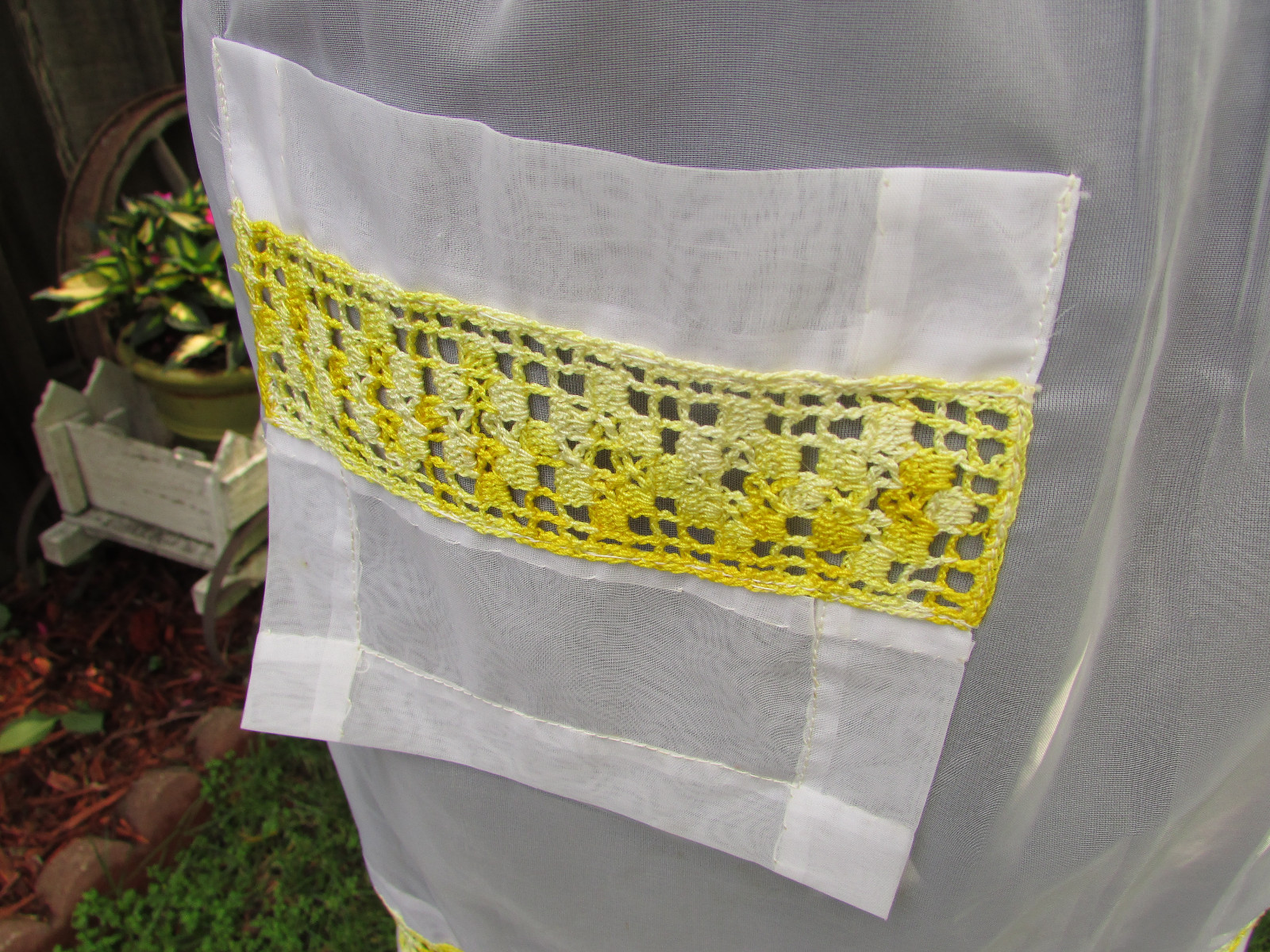 Vintage White Organdy Half Apron with Yellow Crochet