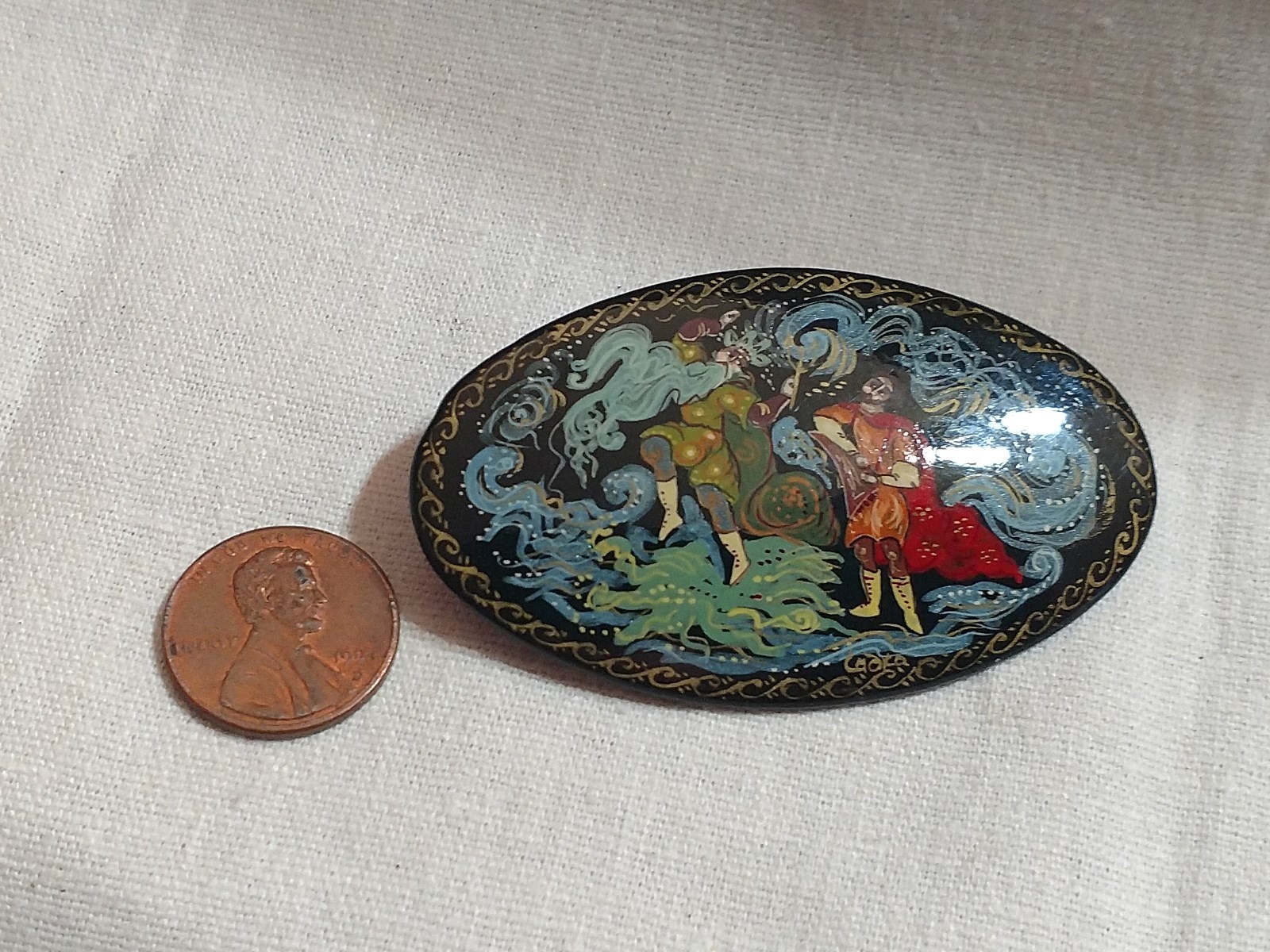 Russian Brooch Pin VTG Papier Mache Black Lacquer Signed FairyTale Hand Painted