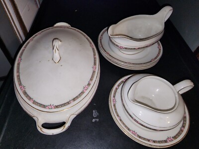Lot of 8 Vintage Crooksville China Co Pink Rose - Creamer Gravy Veg Bowl & Plate