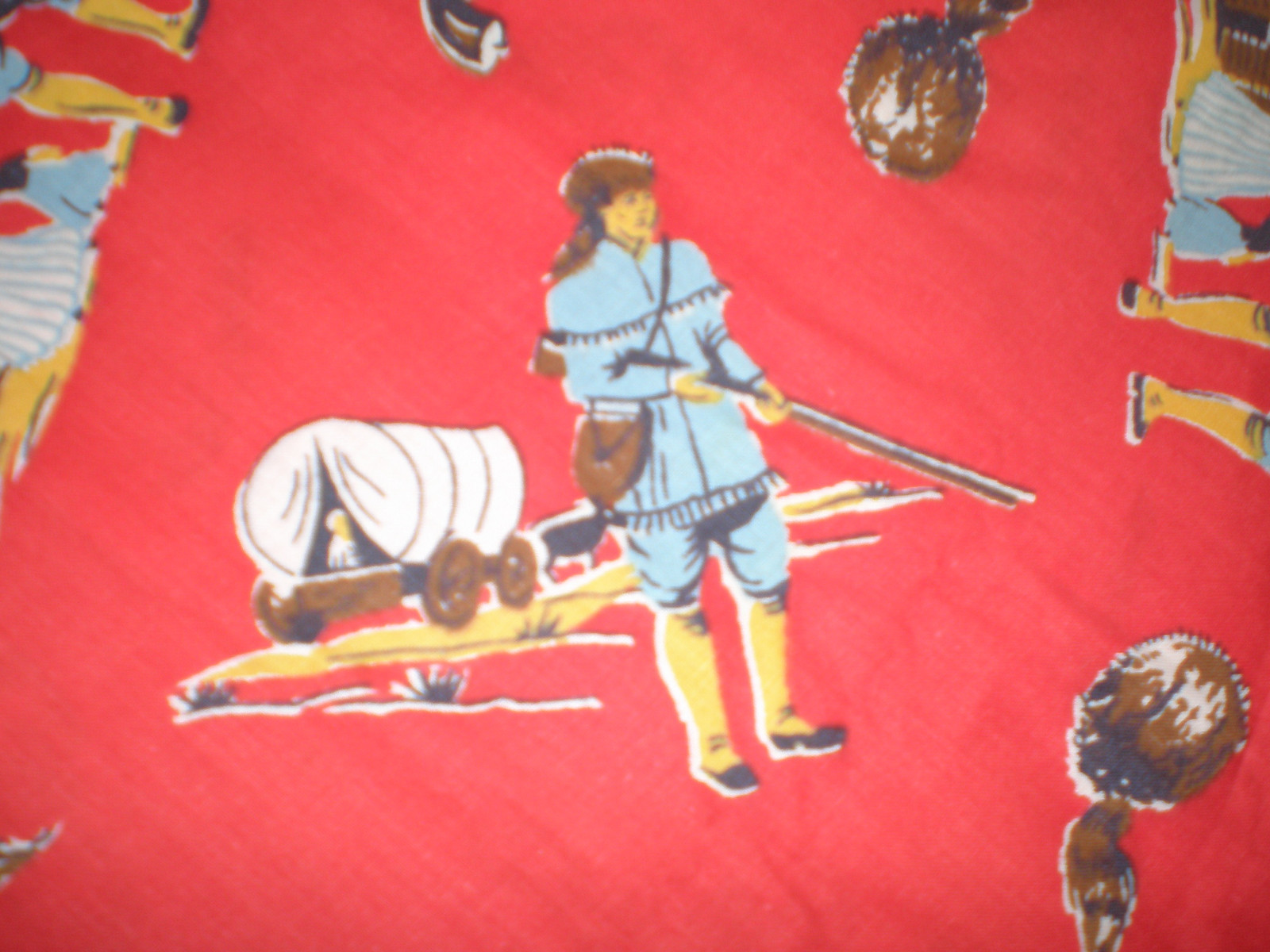Vintage FABRIC Pioneers Western Cowboys, Indians, Coonskin Hat ~ Fat Quarter