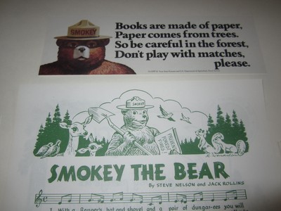 Lot of 5 Old Vintage - SMOKEY the BEAR - Bookmarks & Pledge / Music Sheet