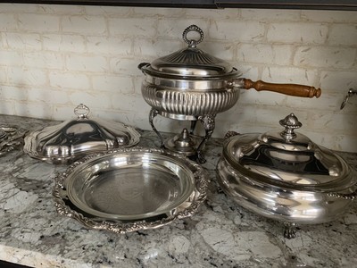Silver plate 5 piece Chafing Dish with Stand and Burner Vintage Sheridan