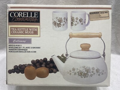 Corelle Corning Coordinates Callaway 2 Qt Metal Enamelware Tea Kettle Pot & Mugs
