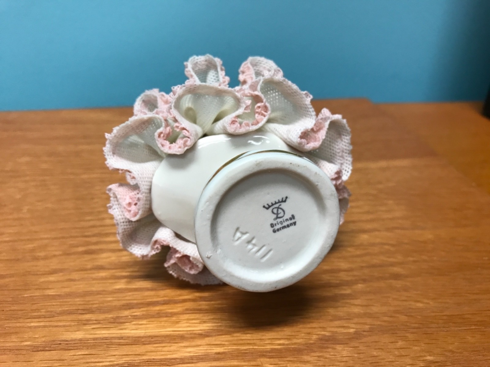 Dresden Germany Lace Figurine Gathering Flowers double skirt ( see pic’s ) 5”