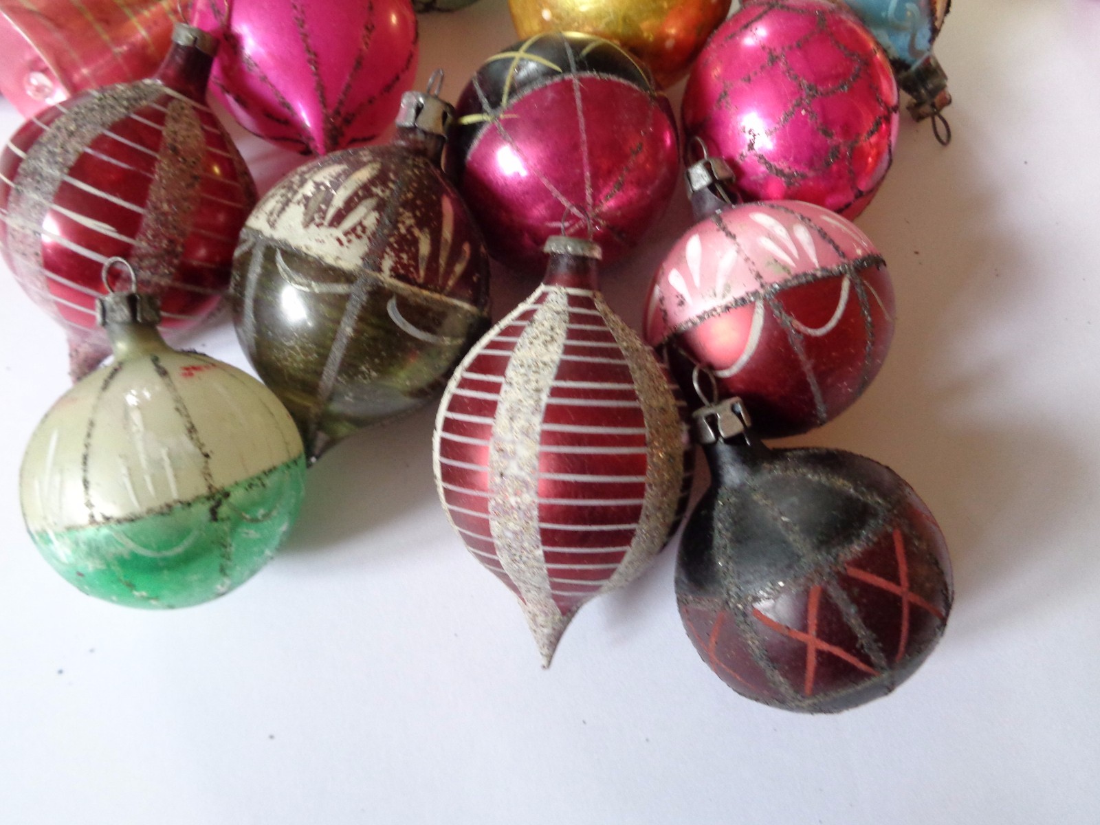 Older Japan Indent and Glitter Smaller Ornaments with Box plus Others.