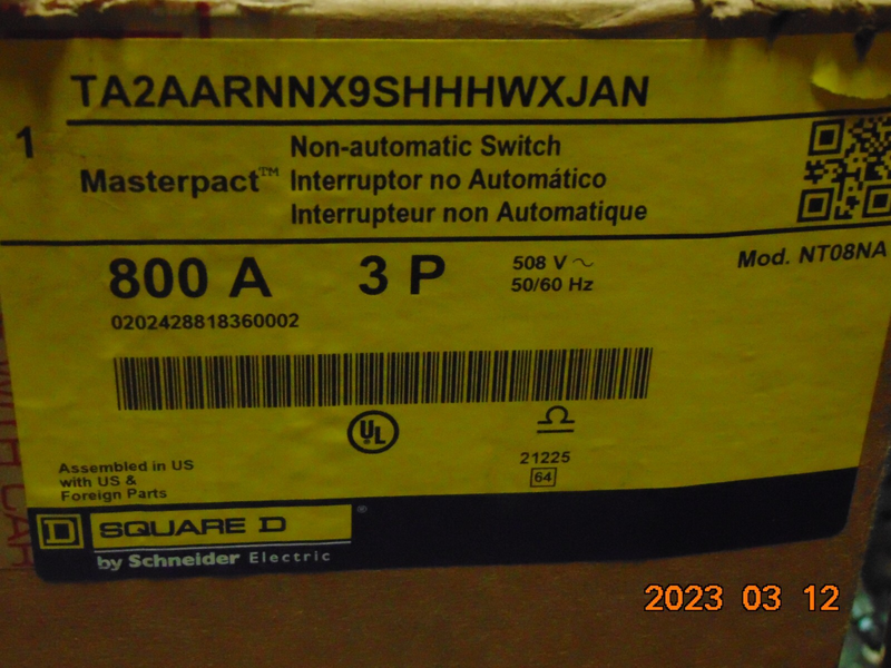 SQUARE D MASTERPACT NT08NA Non Automatic Switch 3P 800A TA2AARNNX9SHHH WXJAN