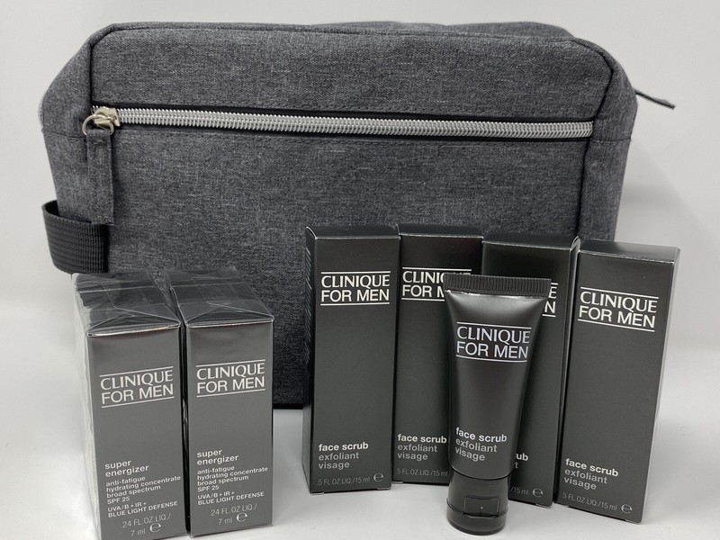 Clinique Men 6 Super Energizer in box &6 Face Scrub w box Plus Gray Dopp Bag NEW