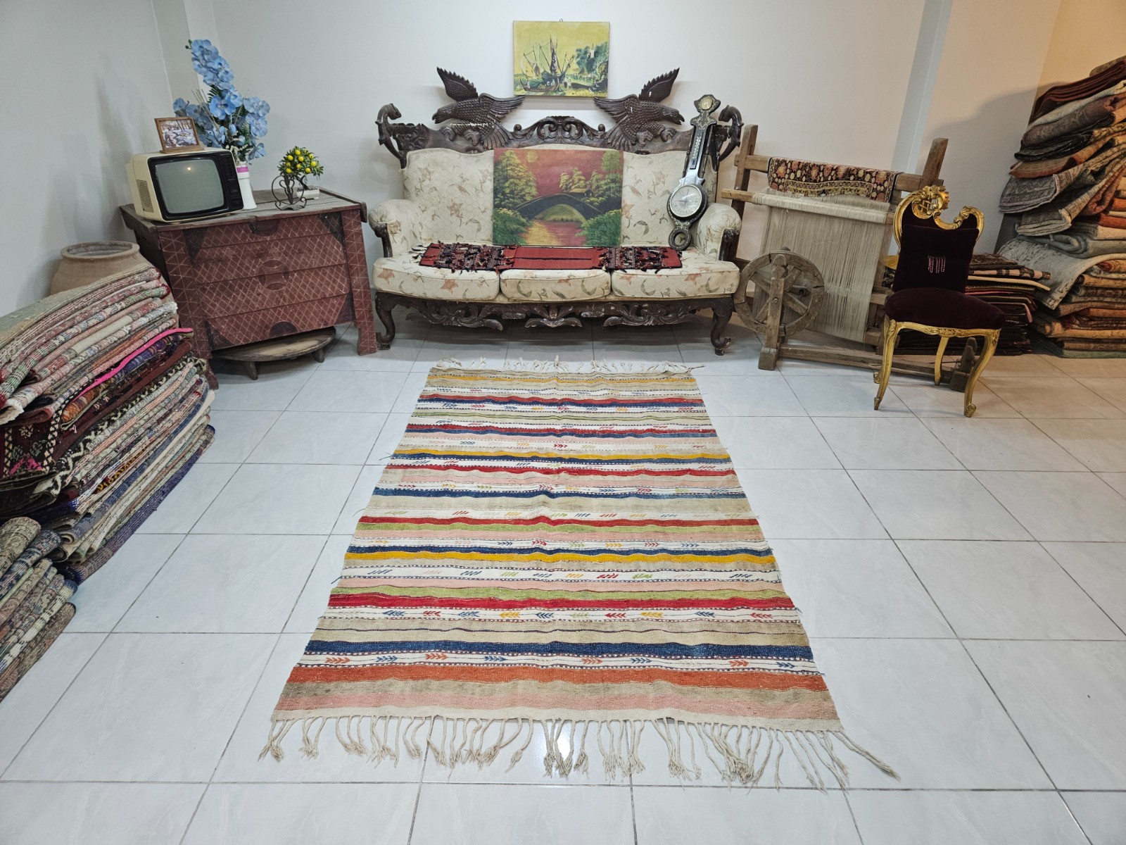 Turkish Vintage Kilim Rug, 4.4 x 7 ft Striped Boho Kilim, Colorful Bedroom Rug