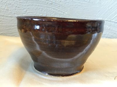 Hand Made Thrown Glazed Pottery Bowl Small Dish Brown  - Signed DKC