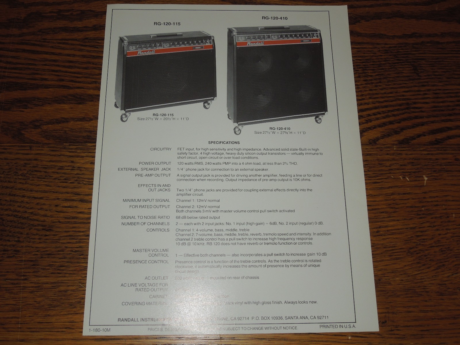 Vintage 1978 Randall Commander Amps 120 W Promo Sheet 2-Sided RG-120-210