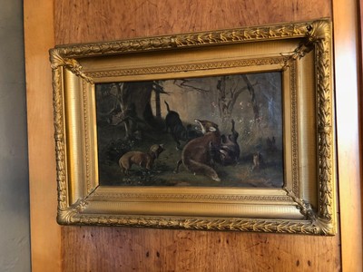 Karl (Carl) Reichert Victorian Oil Painting Fox Hunt with Dogs Original Frame