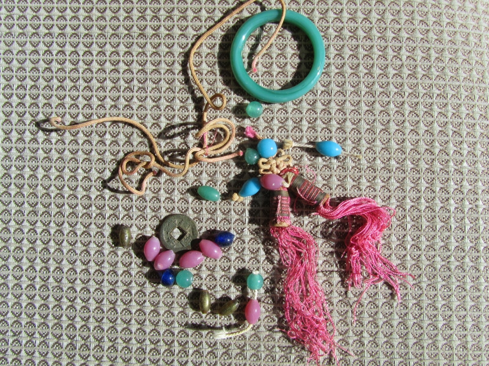 Antique Woven Chinese Sewing Basket w Rings 10 Coins Glass Beads Tassels 1920s