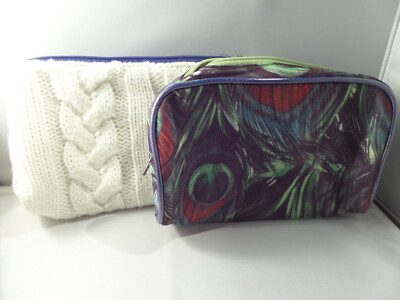Sisley Cosmetic Bags SET OF 2 Multicolor Peacock & Cream Crocheted Brand New