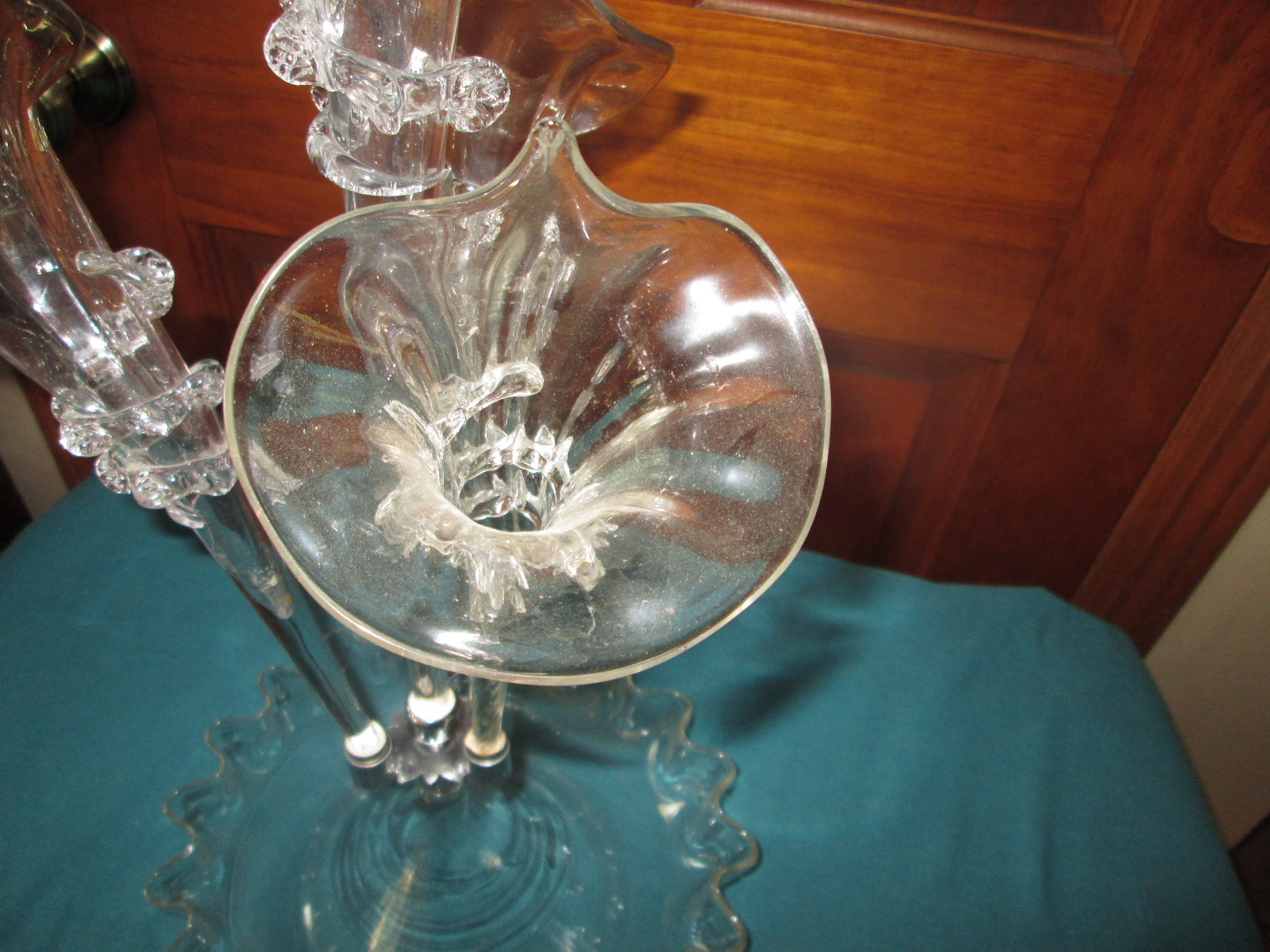 Vintage Victorian Blown Glass Epergne Clear Trumpets Vases