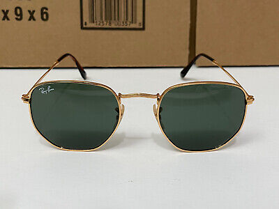 Pre-Owned Ray Ban RB3548N Sunglasses Hexagonal Flat Lenses Gold Frame Green Le..