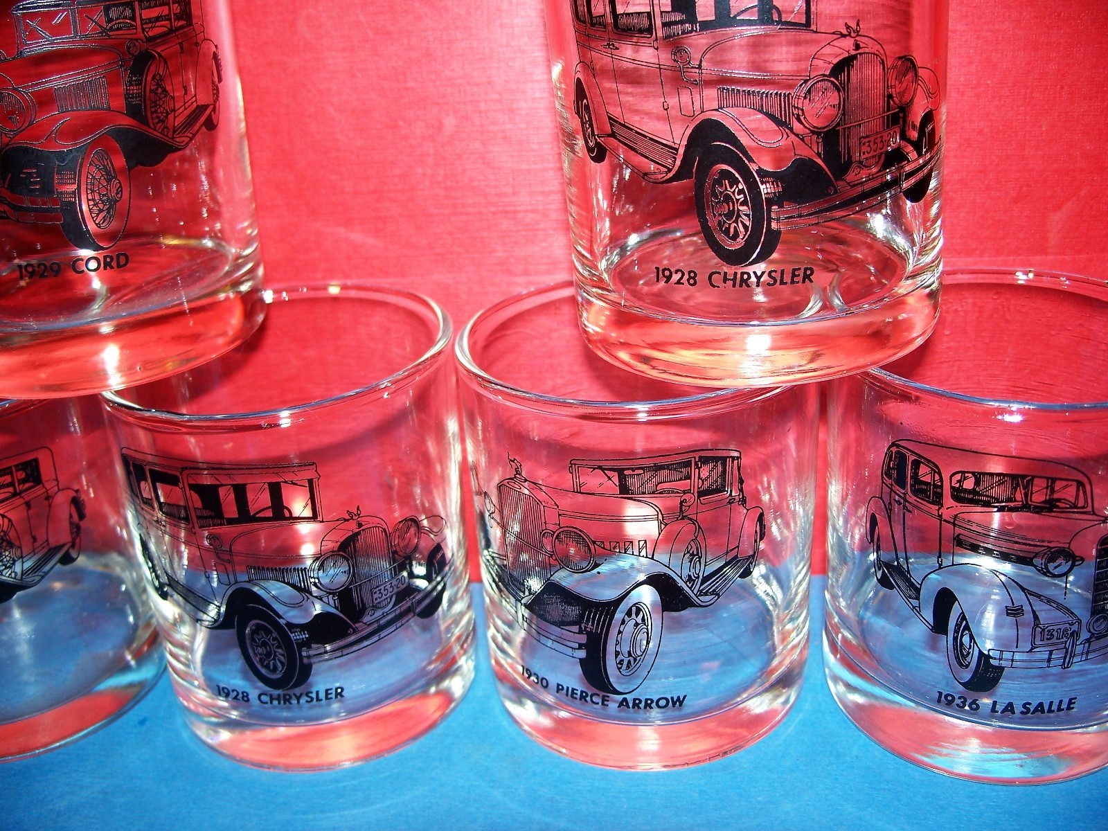 Lot of 6 Vintage Automobile Drinking Glasses 1930 Pierce Arrow 1936 La Salle CAR