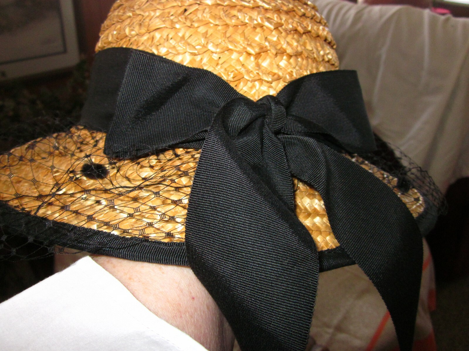 Kathy Jeanne Vintage Straw Hat with Black Ribbon and netting