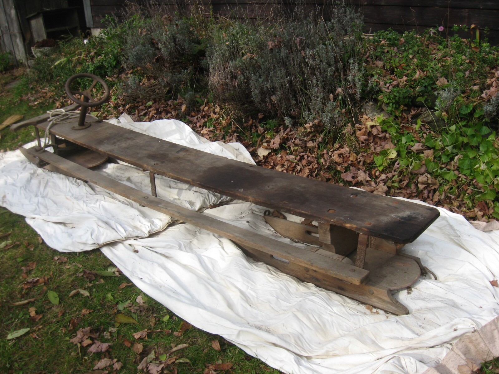 Antique Traverse Sled with Original Antique Steering wheel